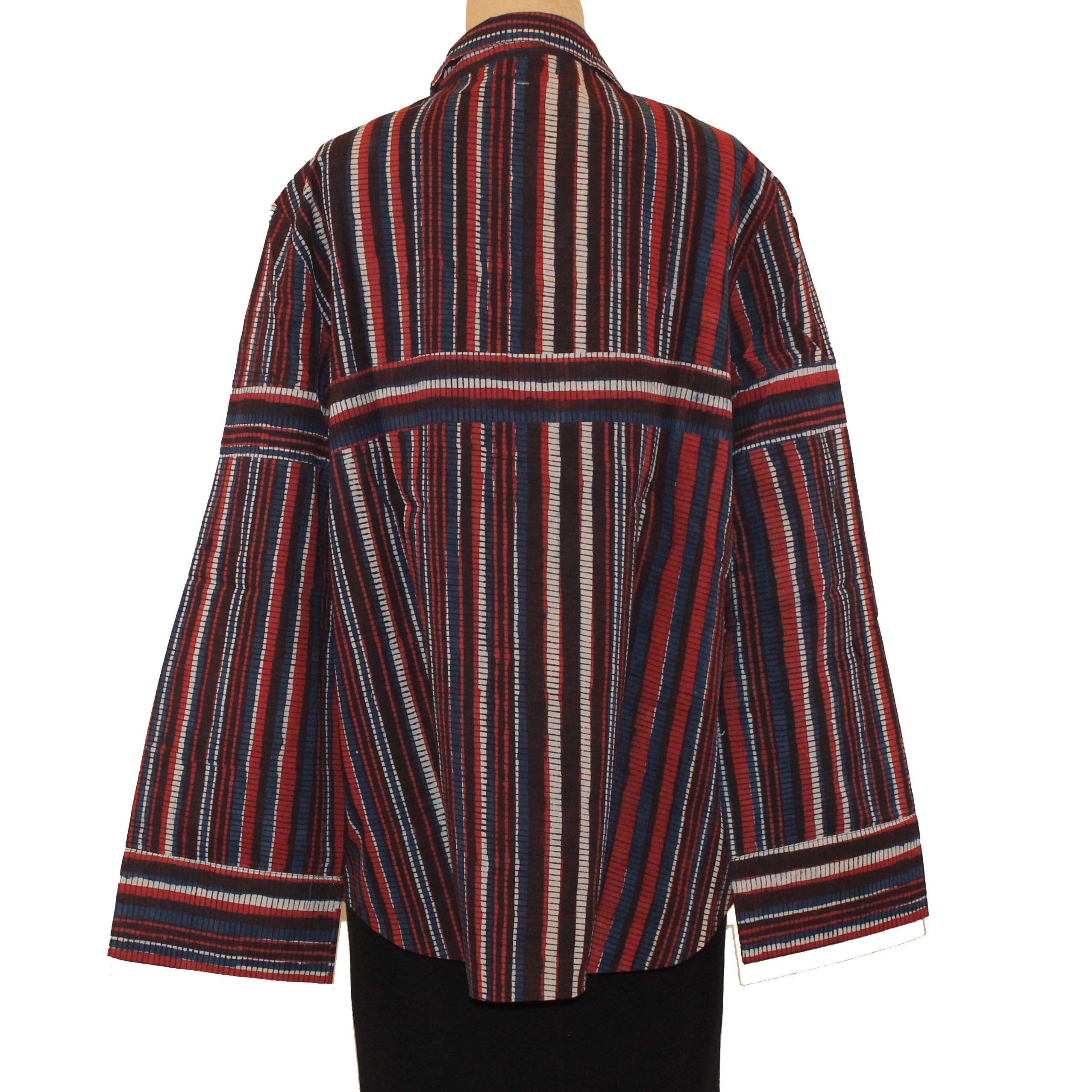 Sudarshan Jacket, Hand Block Printed Stripes, Persimmon/Blue/Brown/Cream, M/L