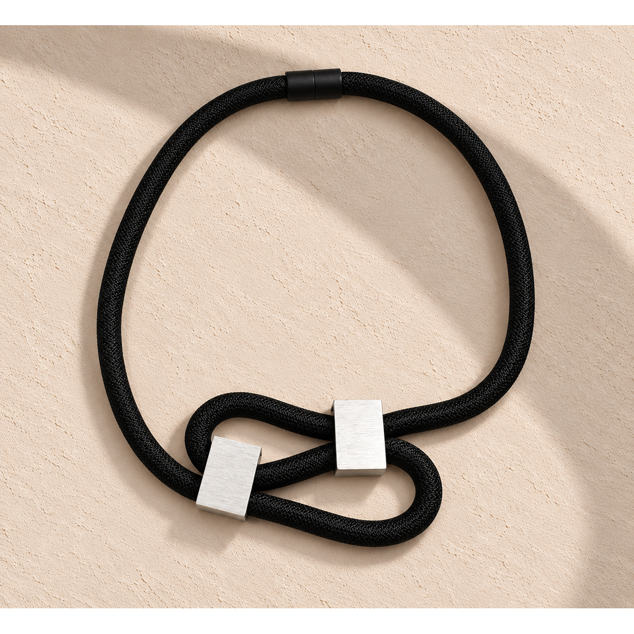 Christina Brampti Necklace, Wavy Cord and Aluminum Blocks, Black/Silver
