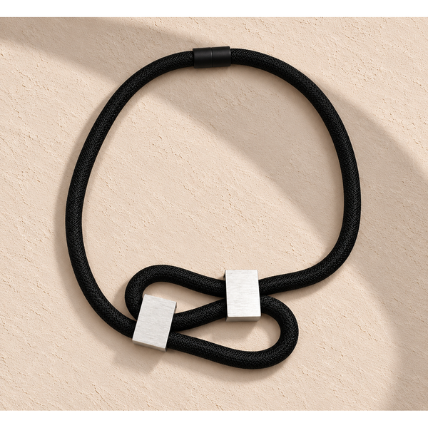 Christina Brampti Necklace, Wavy Cord and Aluminum Blocks, Black/Silver