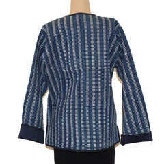 Sudarshan Jacket, Quilted Hand Block Printed Indigo Stripes, Blue/White, M