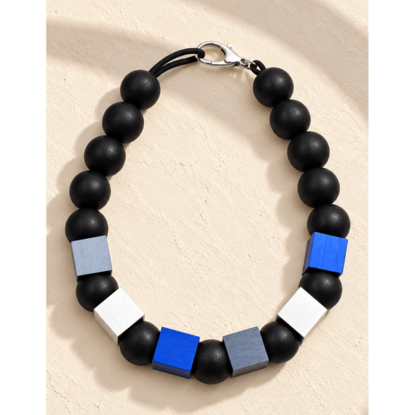 Christina Brampti Necklace, Wooden Balls and Cubes, Black, Royal Blue & White