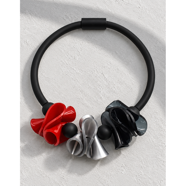 Christina Brampti Necklace, Plexi Ribbon, Red, Gray and Black