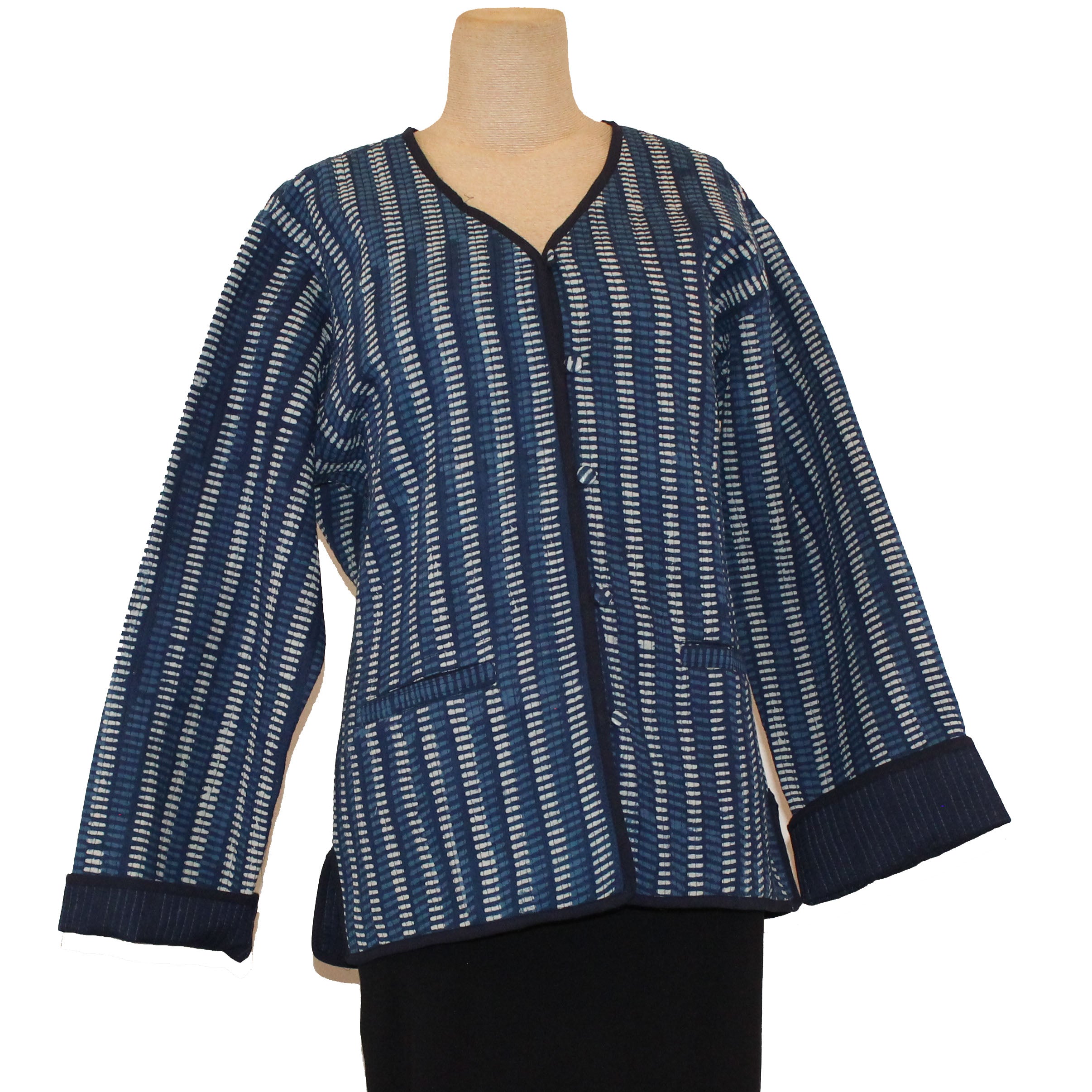 Sudarshan Jacket, Quilted Hand Block Printed Indigo Stripes, Blue/White, M