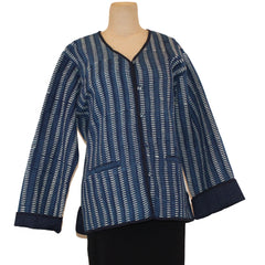 Sudarshan Jacket, Quilted Hand Block Printed Indigo Stripes, Blue/White, M