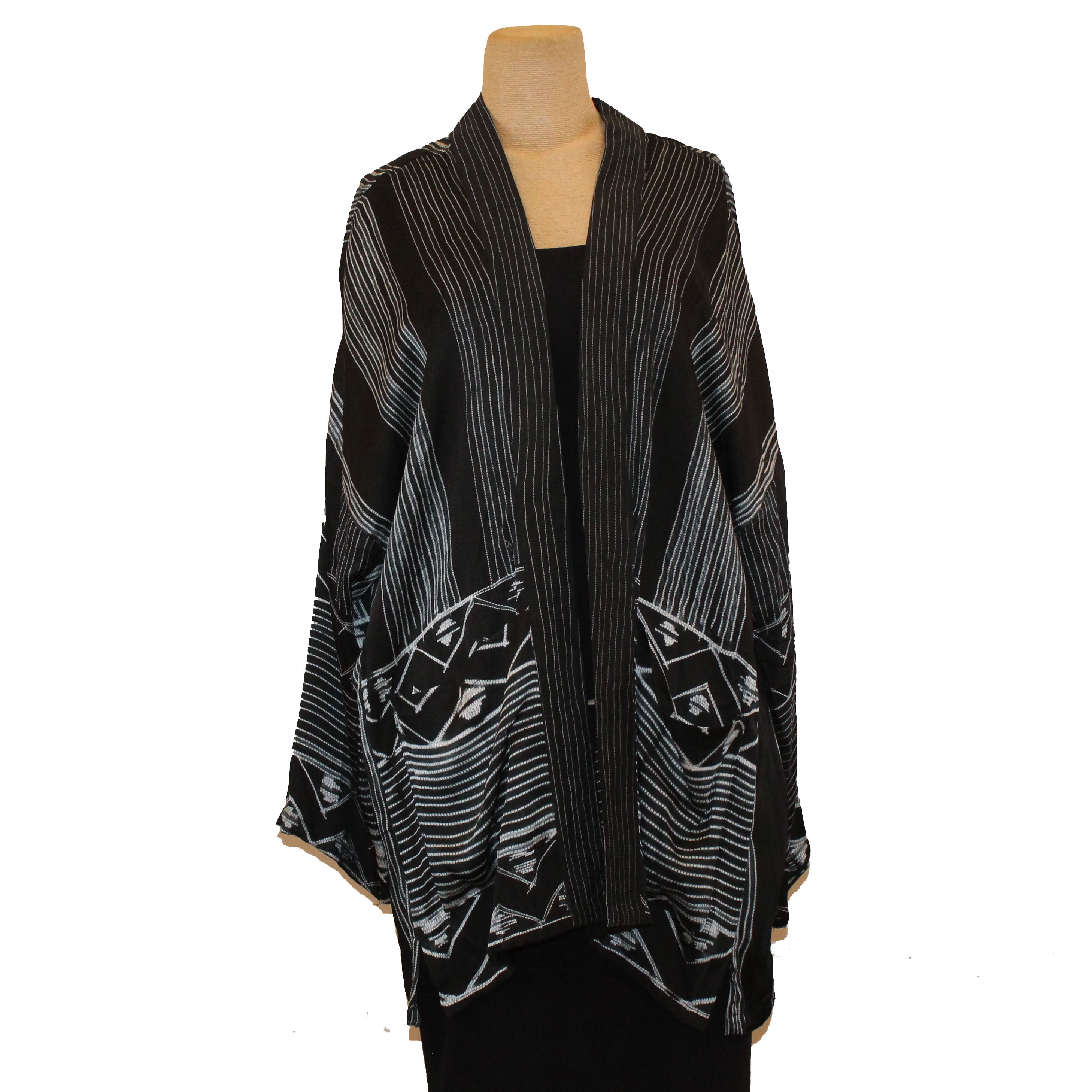 Sudarshan Kimono, Shibori, Stripes, Black/White, M