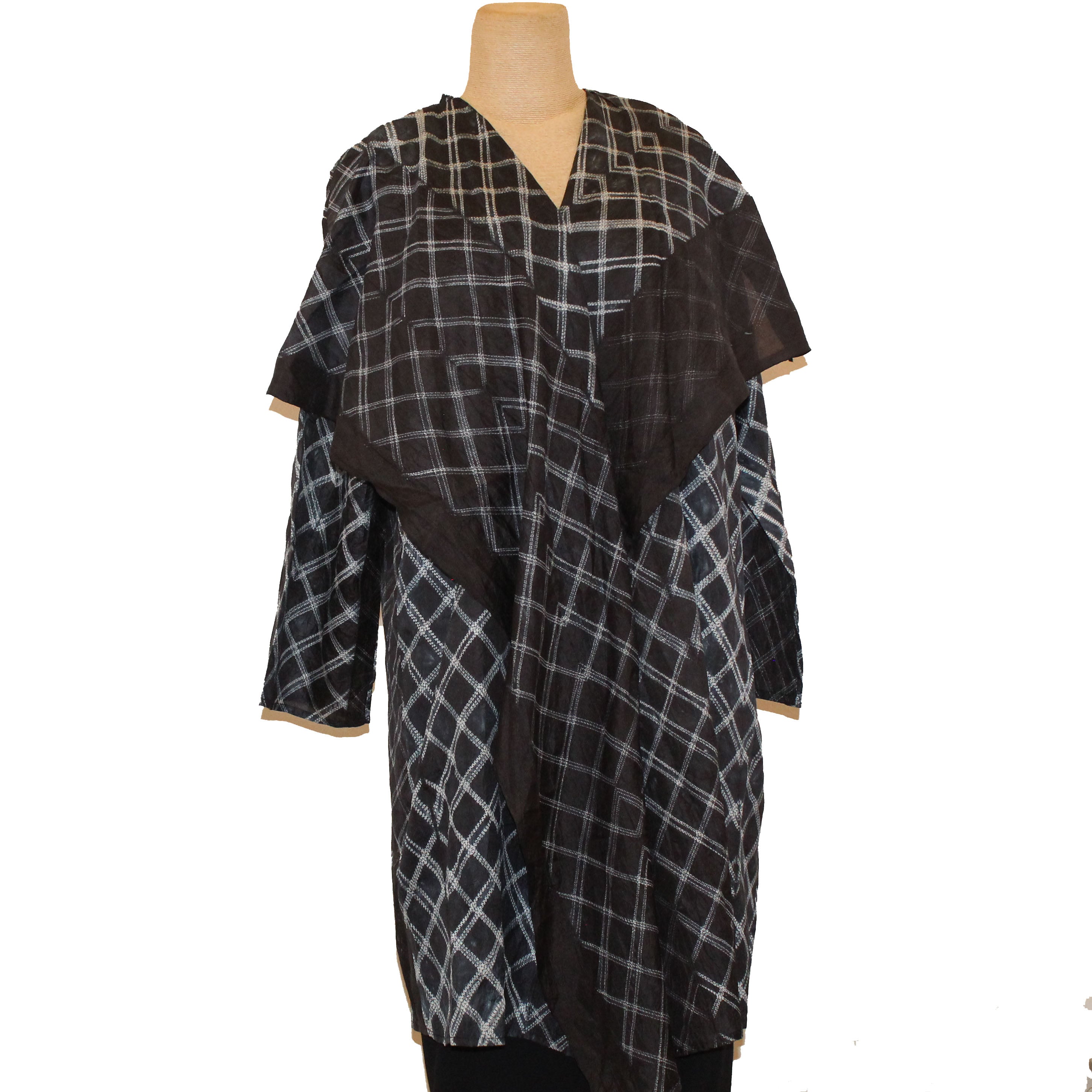 Sudarshan Kimono, Indigo Shibori, Crosshatch, Black/White, L