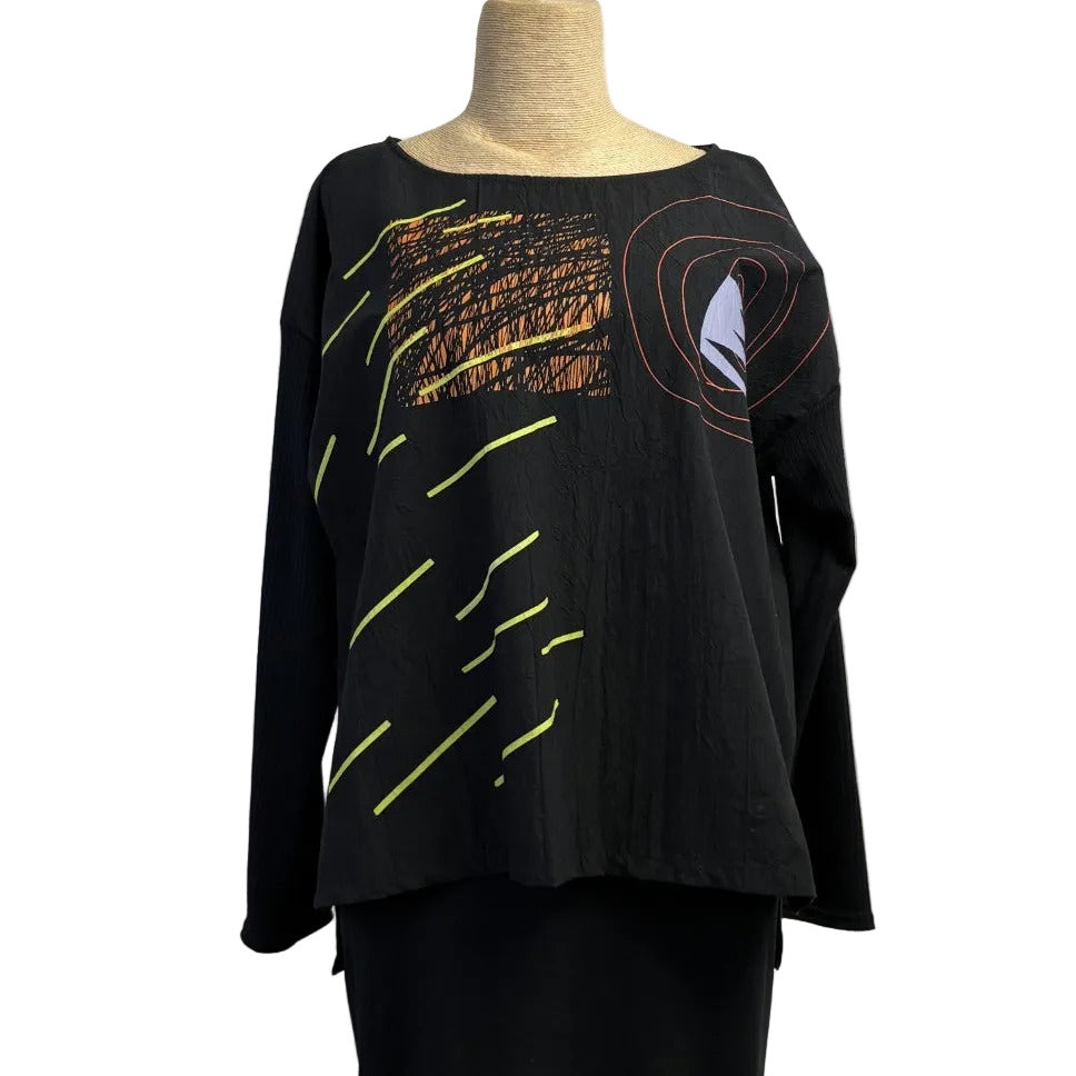Andrea Geer Top, Crinkle, Black with Colorful Abstract Designs XS/S