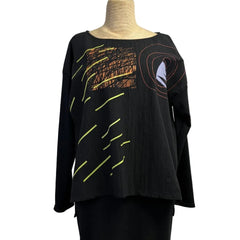 Andrea Geer Top, Crinkle, Black with Colorful Abstract Designs XS/S