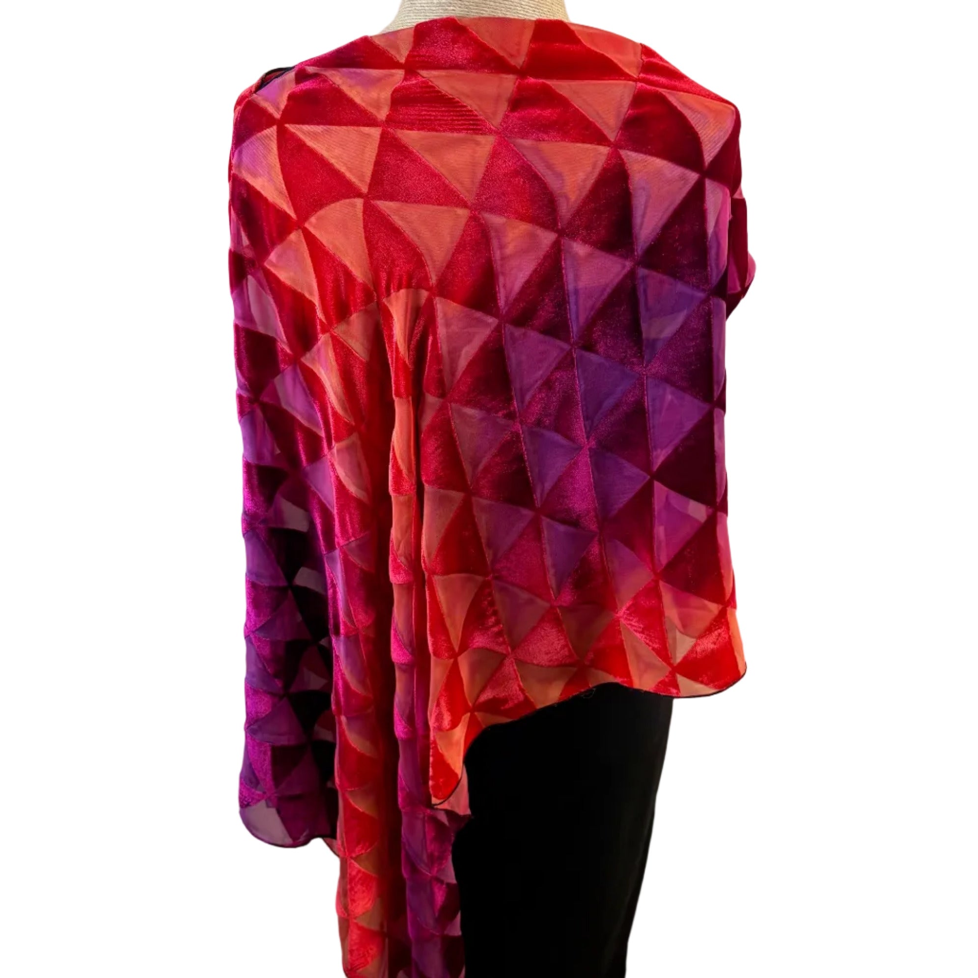 Kay Chapman Poncho, Cut Velvet, Triangles, Vermillion/Magenta OS