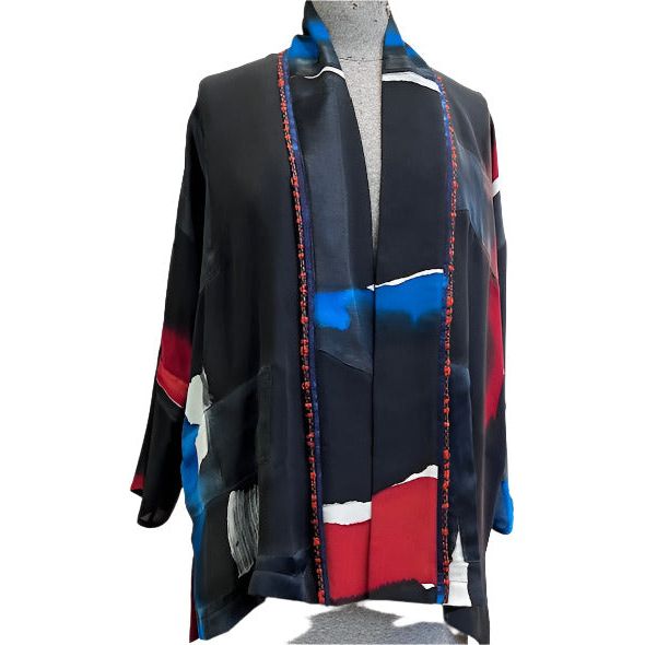 Catherine Bacon Kimono, Painted and Collaged, Black/Red/Blue/White, M-XL
