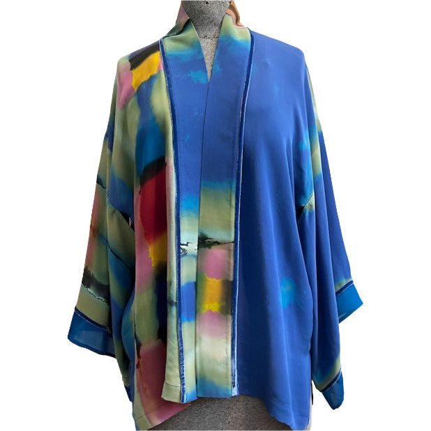Catherine Bacon Kimono, Hand-Painted, Blue Violet Fire, Fits S-L