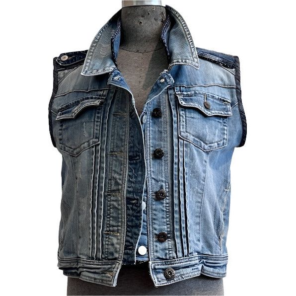 Catherine Bacon Vest, Wump, Denim, Front Pleats, Japanese Boro Fabric On Back, S