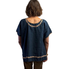 Miriam Campos Top, Embroidered, Denim/Gold, L/XL