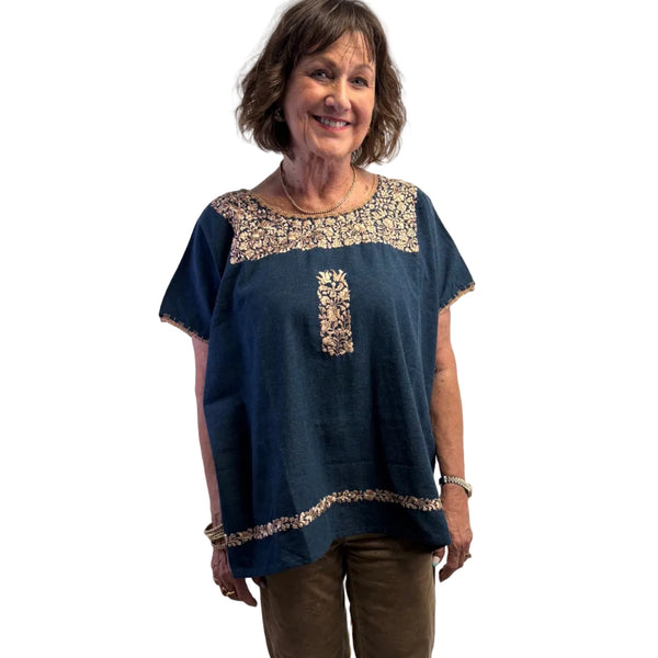 Miriam Campos Top, Embroidered, Denim/Gold, L/XL