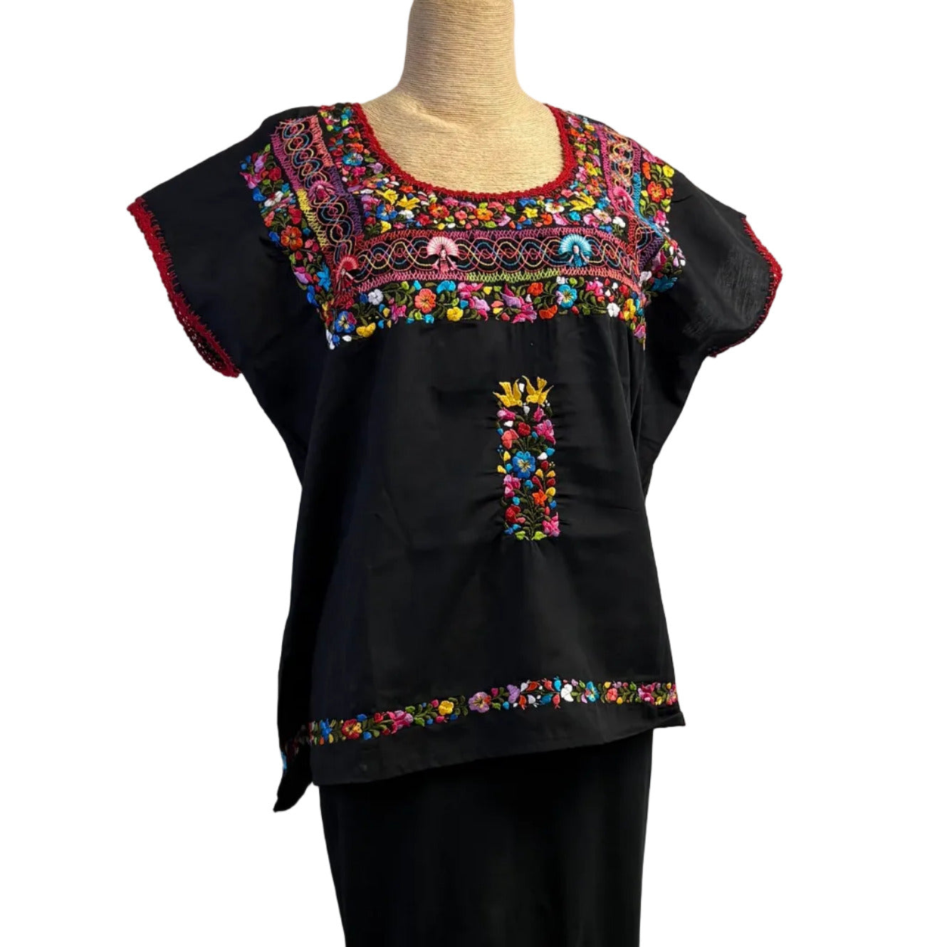 Miriam Campos Top, Embroidered, Drawn Thread Work, Black/Multicolor, M