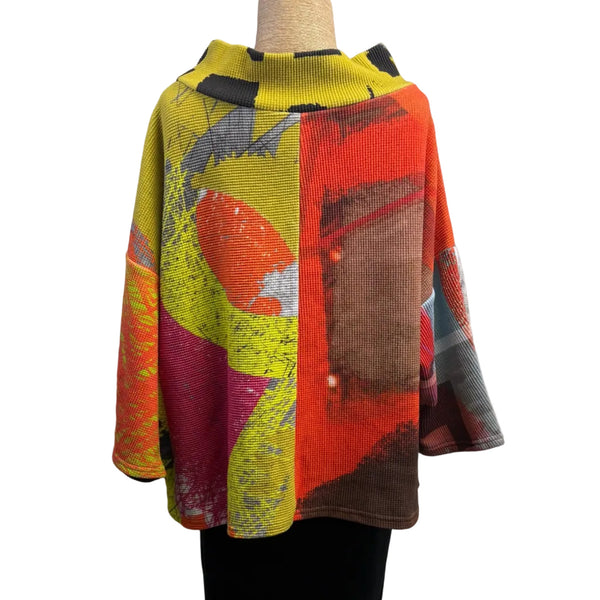 Andrea Geer Top, Funnel Neck, Reversible Orange/Teal/Chartreuse/Red, M/L
