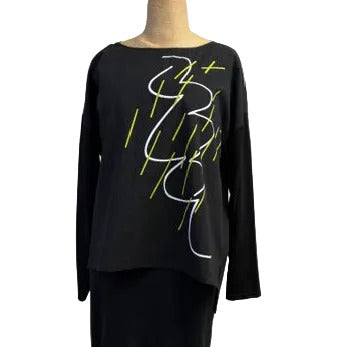 Andrea Geer Top, Crinkle, Black with Lime & White Abstract Designs S/M