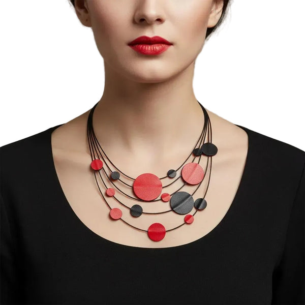7PM Leather Jewels Necklace, Solar System, Red/Black