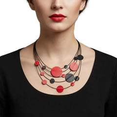 7PM Leather Jewels Necklace, Solar System, Red/Black