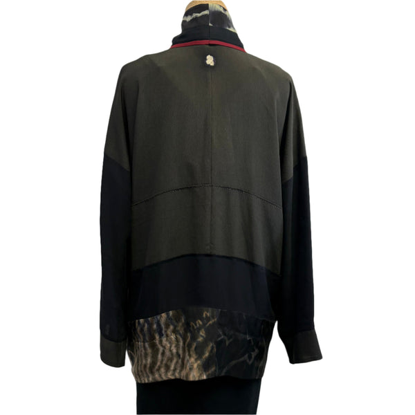 Catherine Bacon Kimono, Mosaic, Clouds, Olive/Black Fits M-XL