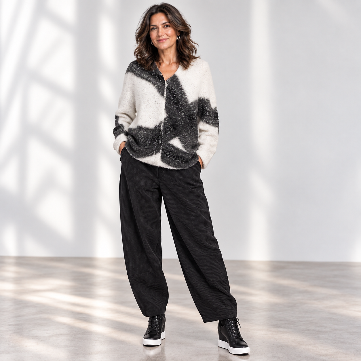 Pier Antonio Gaspari Cardigan Sweater, Latte/Black/Grey, L