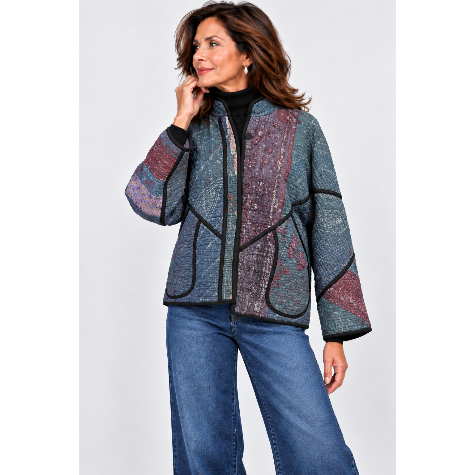 NAMAI Kantha Jacket, Reversible, Ladhiya Patchwork, Blue/Grape, M/L
