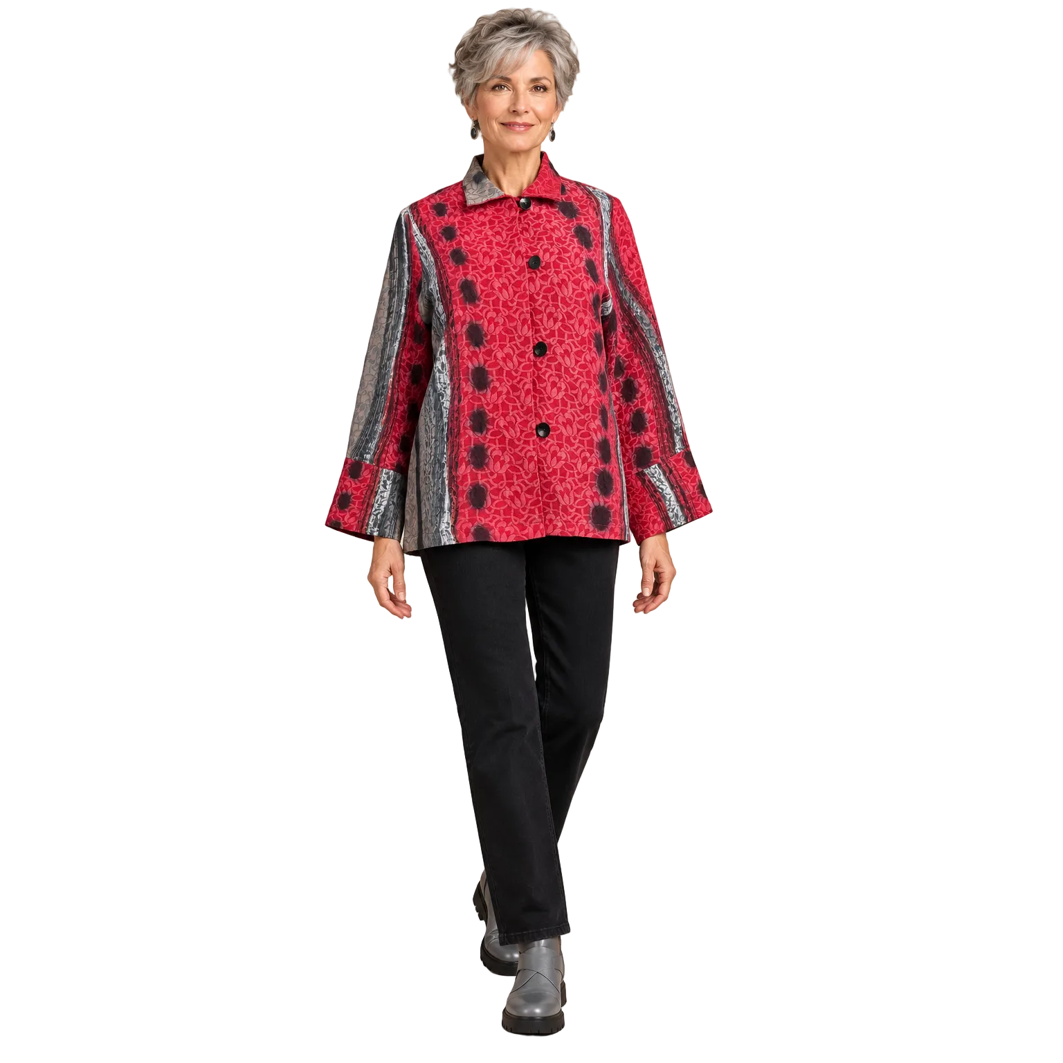 Kay Chapman Jacket, Loop Button,  Red/Gray Ariel, XS