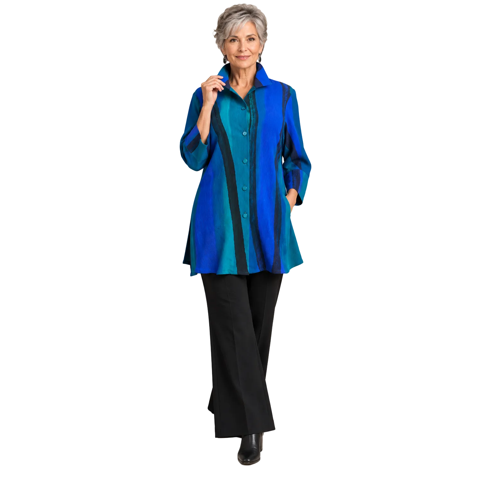 Kay Chapman Shirt, Split Sleeve, Branch, Turquoise/Blue/Black S