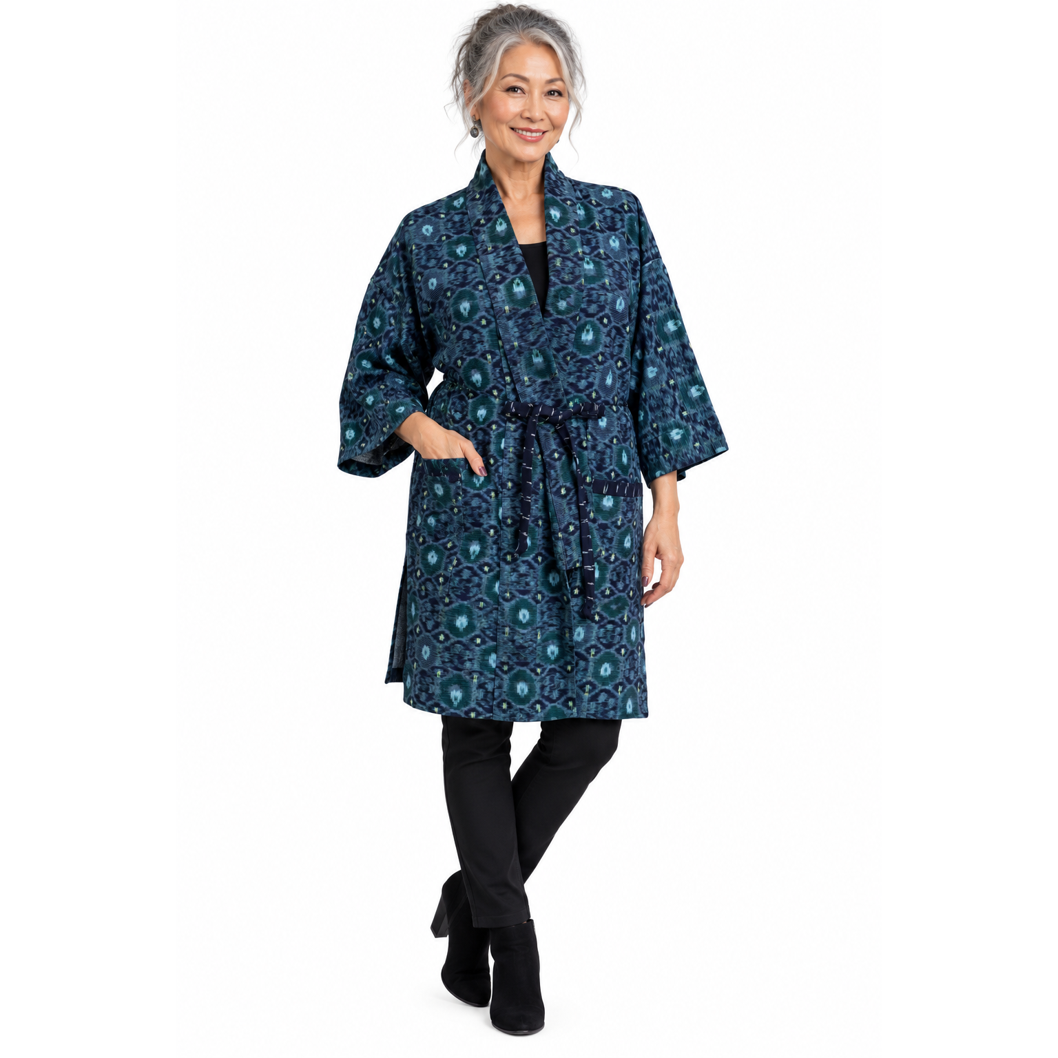 Holly Badgley Kimono, Ikat, Indigo/Green M/L