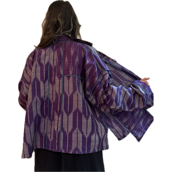 Judith Bird Jacket, Purple Ikat, Purple/Grey, Turquoise Trim, L