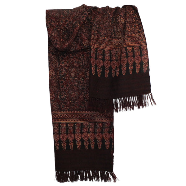 Rajan Vankar Stole, Ajrakh Print Natural Dye, Burgandy & Black