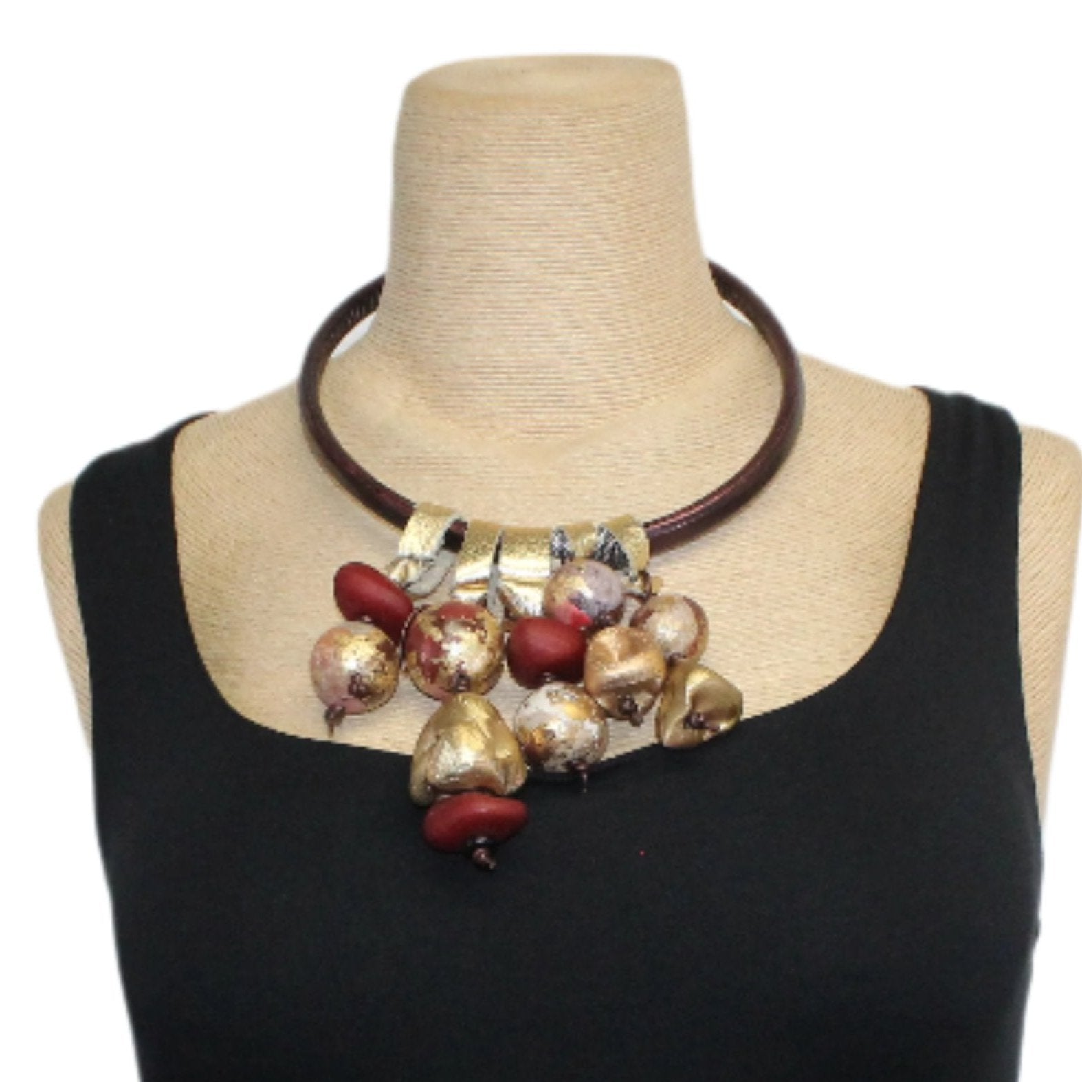 Phyllis Clark Necklace, Maroon Leather Gold Leaf 3D