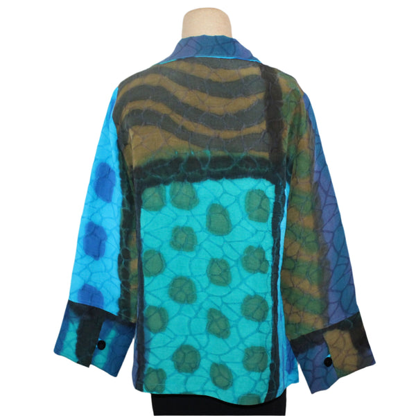 Kay Chapman Jacket, Loop Button, Patchwork, Turquoise/Navy/Olive/Gold, S