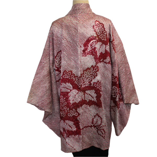 Vintage Silk Kimono, Shibori, Burgundy/White, Fits S-L