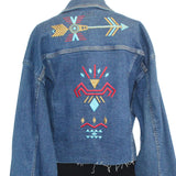 Patty Vizza Jacket, Embroidered Native American Symbols, Blue Denim, XXL