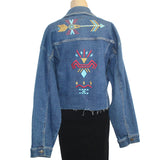 Patty Vizza Jacket, Embroidered Native American Symbols, Blue Denim, XXL