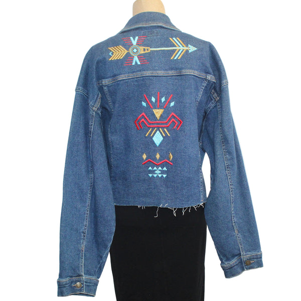 Patty Vizza Jacket, Embroidered Native American Symbols, Blue Denim, XXL