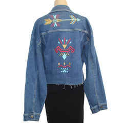 Patty Vizza Jacket, Embroidered Native American Symbols, Blue Denim, XXL