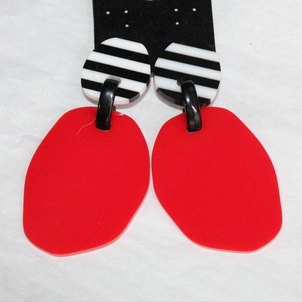 Michaela Malin Earrings, Clip, Red Circle/Black & White Stripes