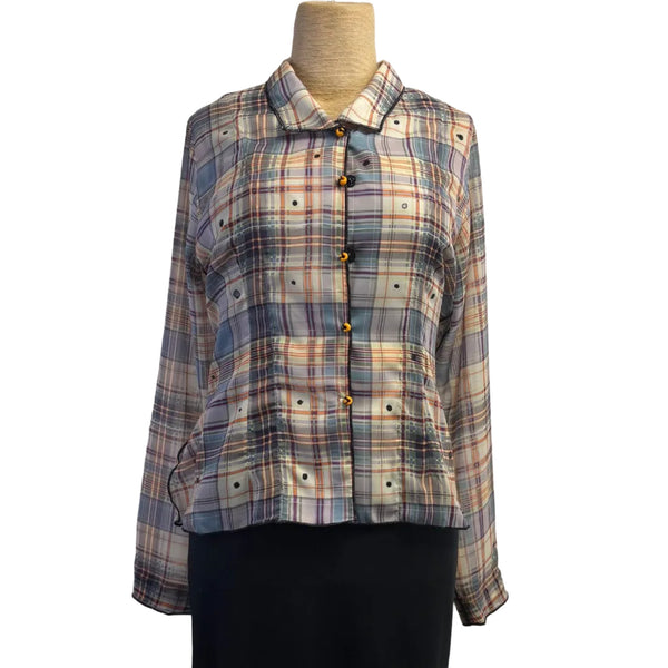 Deborah Cross Shirt, Plaid, Beige/Blue/Purple XXS