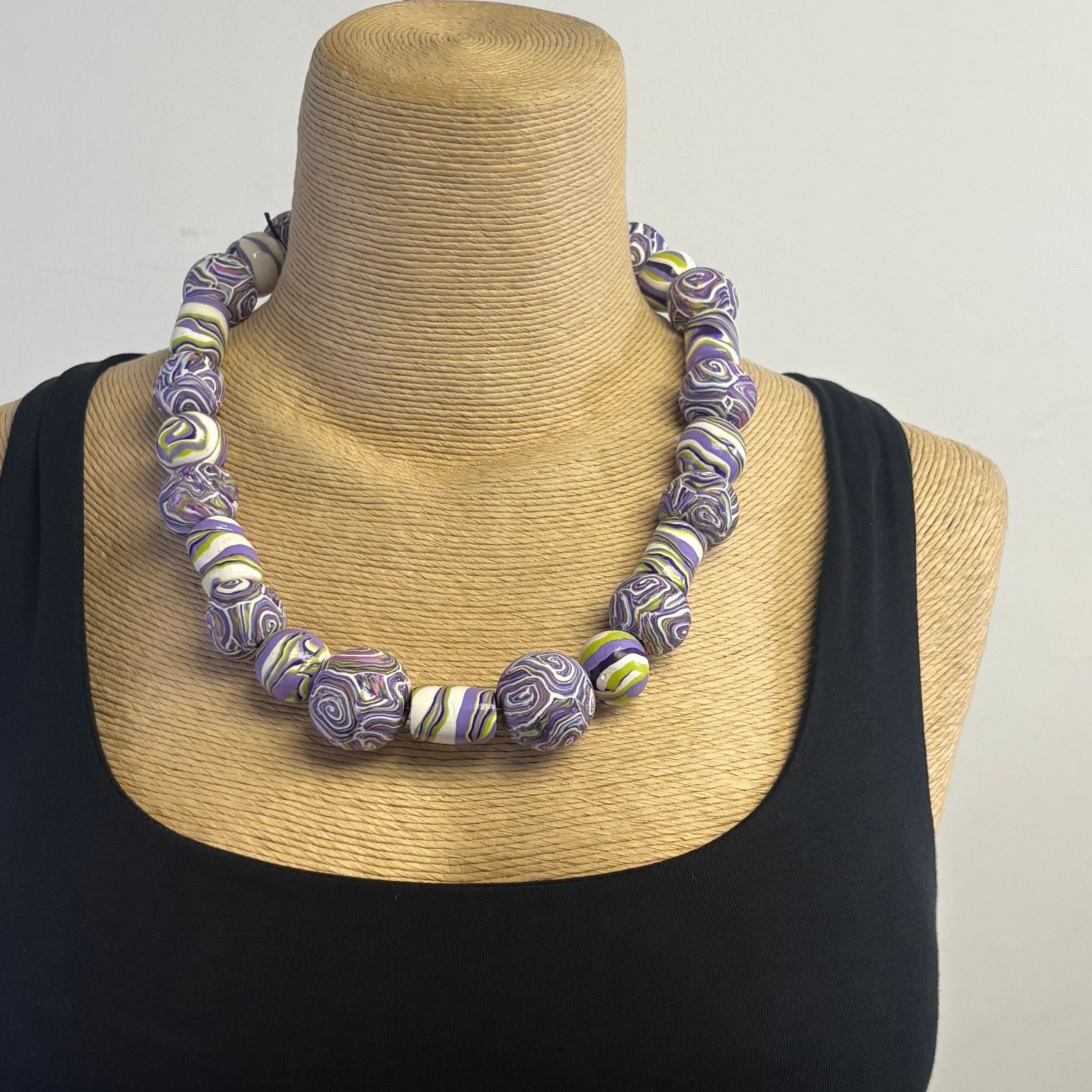 Dawn Siebel Long Choker, Glossy Purple Swirls With Paisley Cylinders