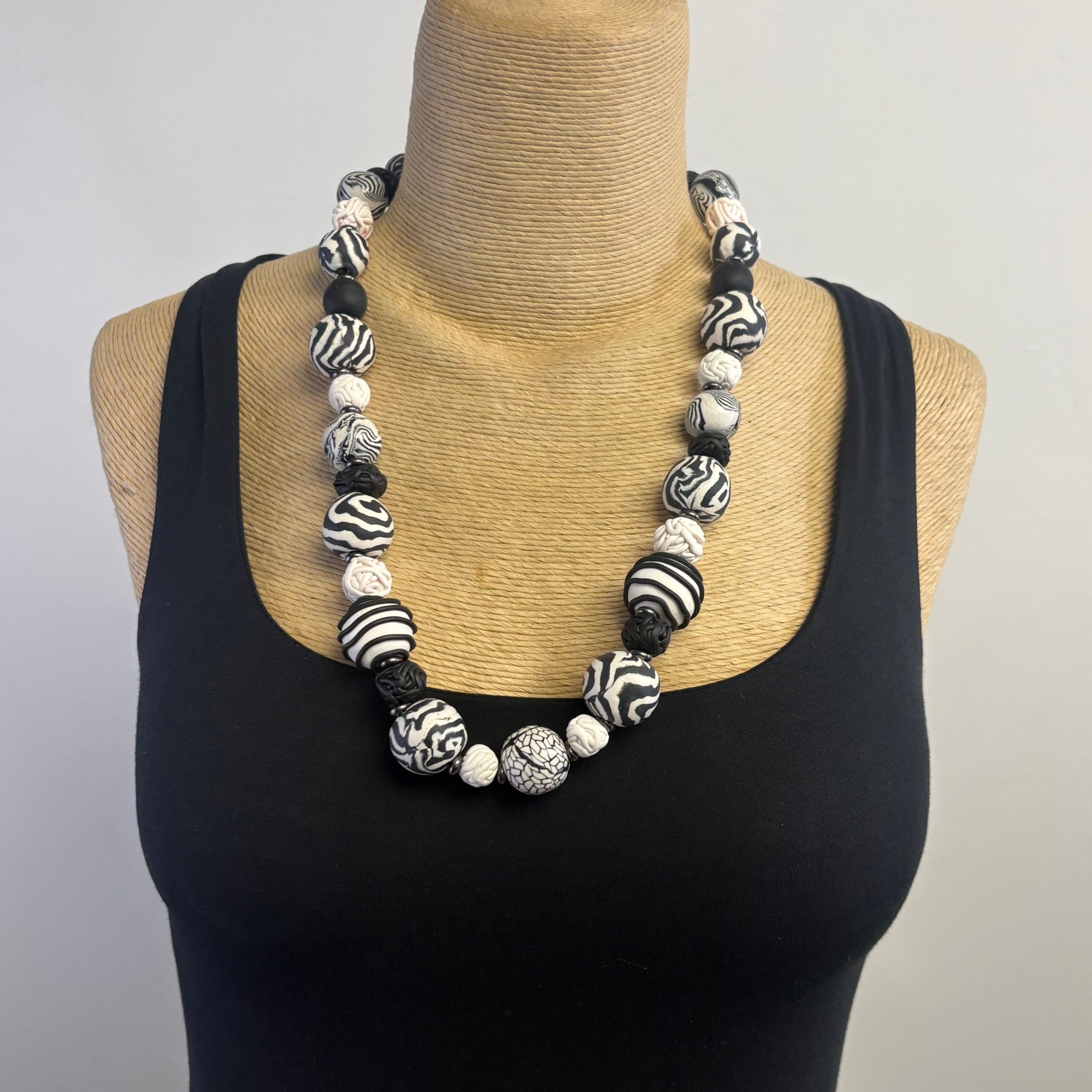 Dawn Siebel Long Necklace, Glossy Black & White Zebra Pattern