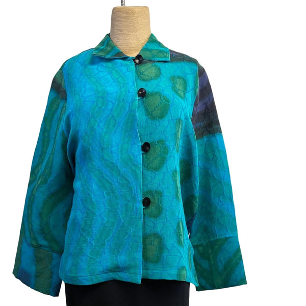 Kay Chapman Jacket, Loop Button, Patchwork, Turquoise/Green  S