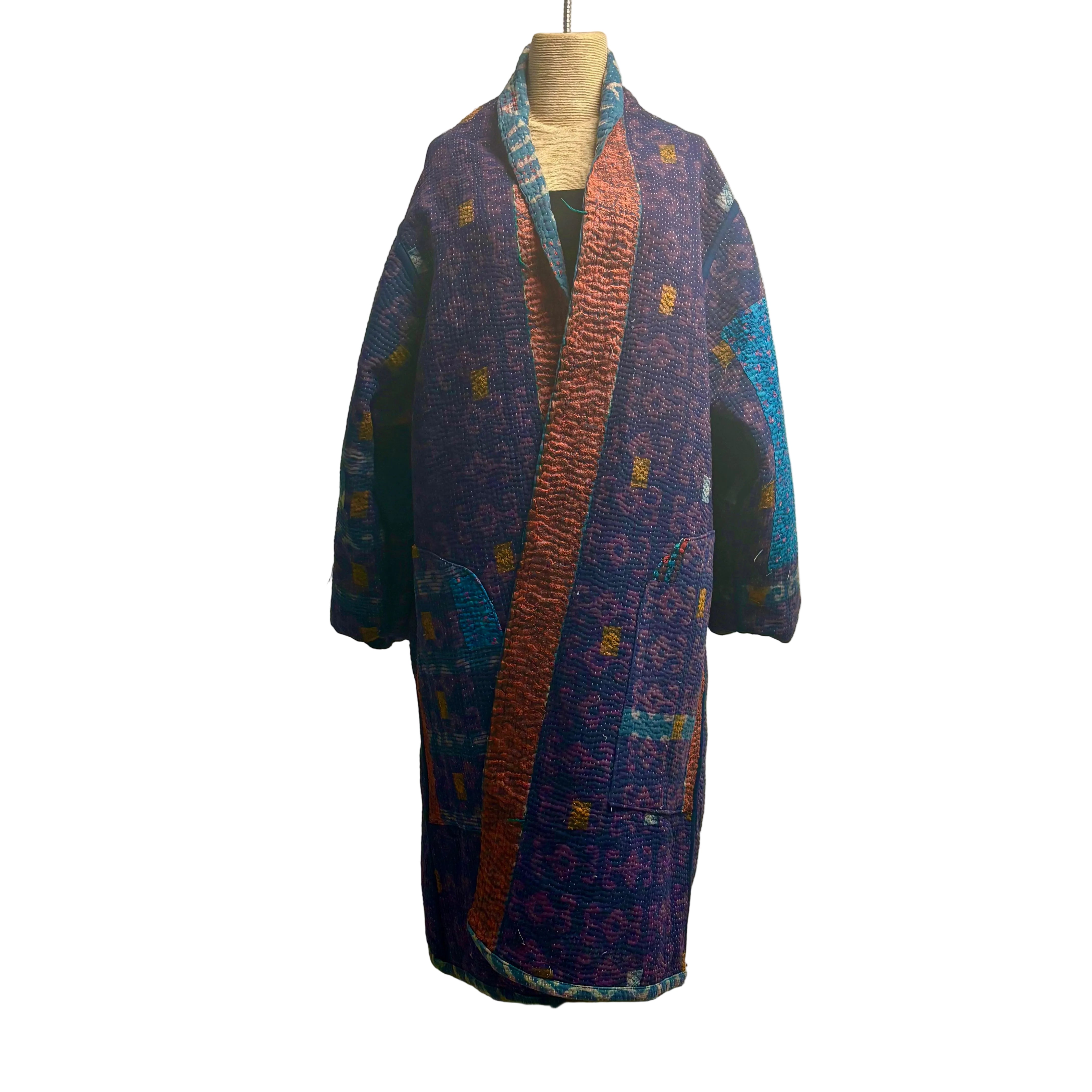 Sudarshan Kantha Coat, Reversible, Blue/White/Orange, L/XL