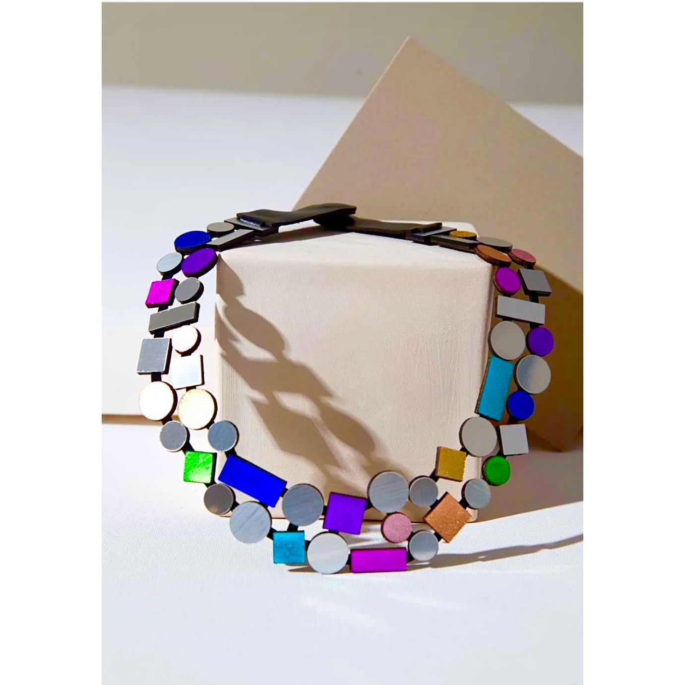 Iskin Sisters Necklace, Bauhaus, Double Geometric, Silver/Jewel Tones