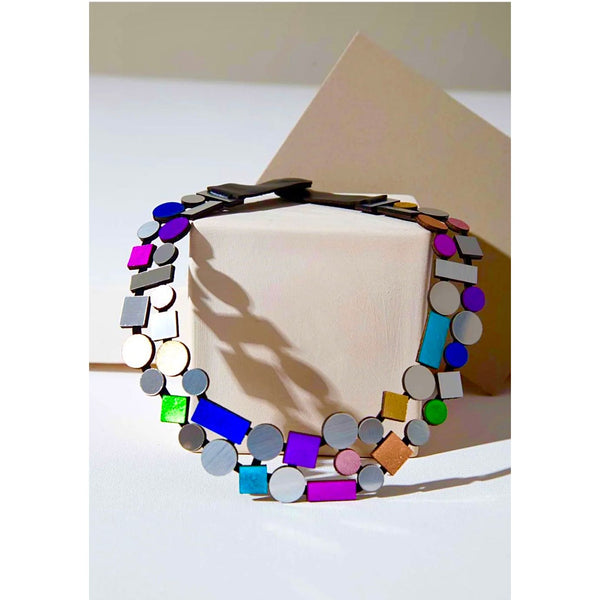 Iskin Sisters Necklace, Bauhaus, Double Geometric, Silver/Jewel Tones
