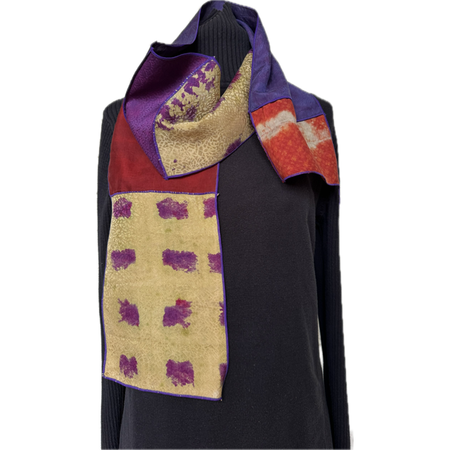 Judith Bird Scarf, "Little Ones," Vintage Silk, Purple/Tan/Garnet/Pale Green