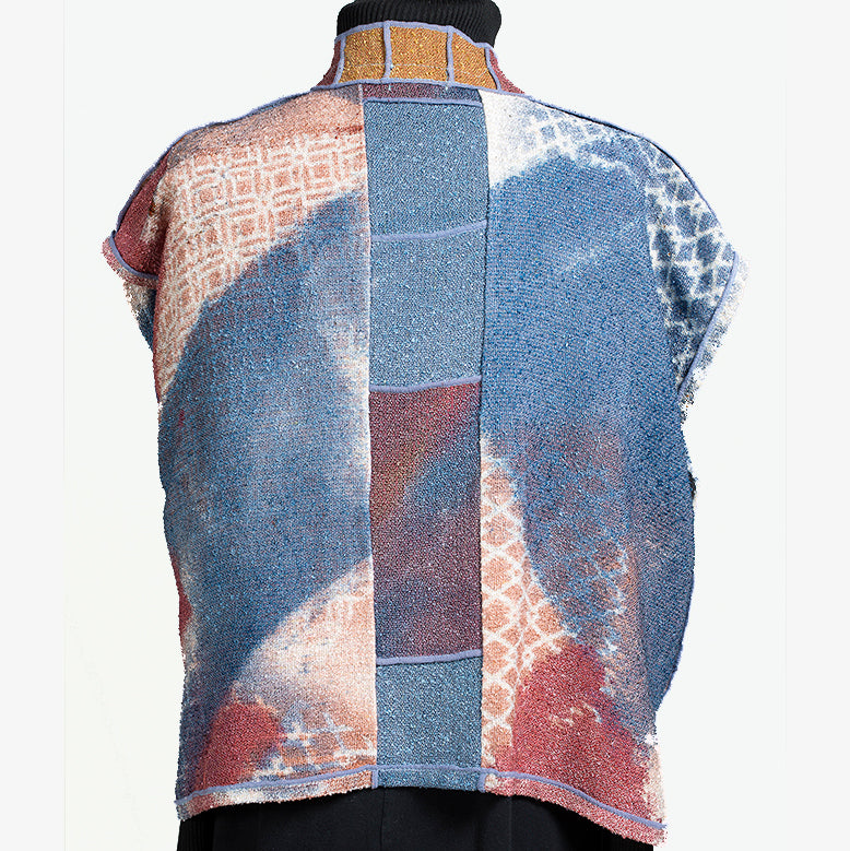 Judith Bird Vest, Short, Stenciled, Pale Blue/Red/Gold, M