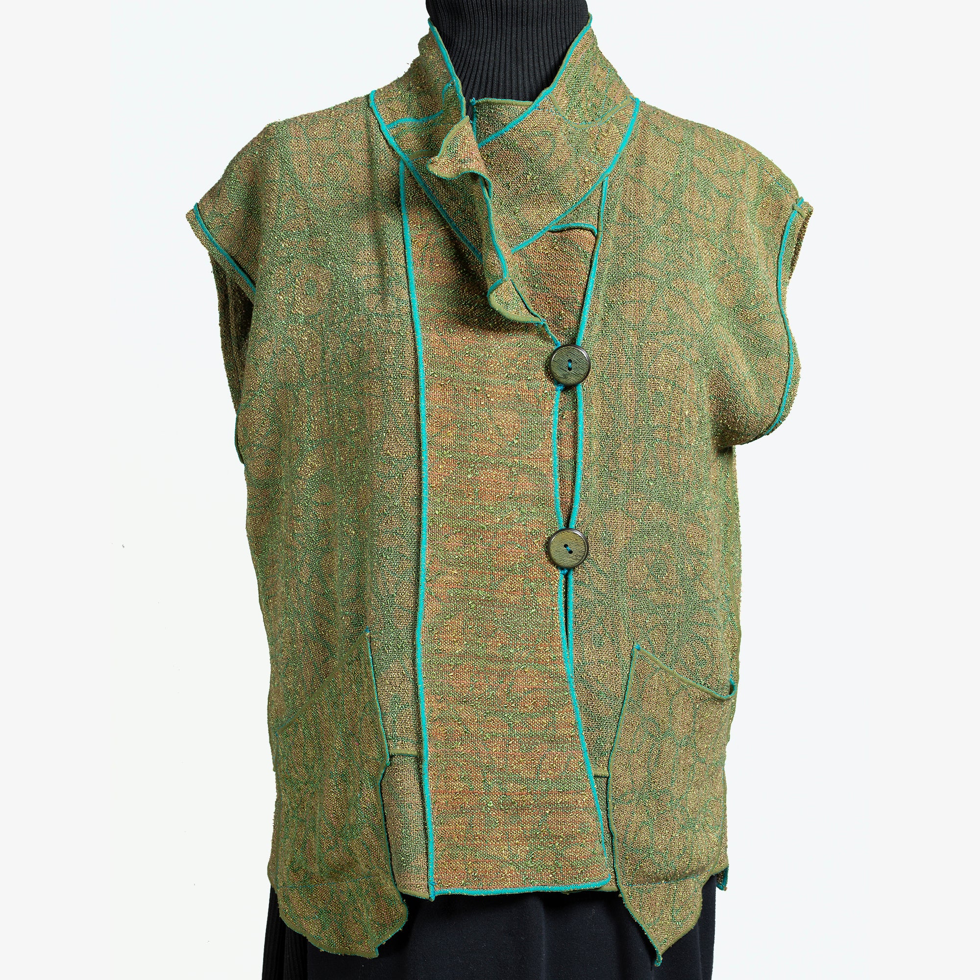 Judith Bird Vest, Short, Turquoise/Olive/Tan, XS/S