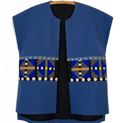 Juanita Girardin Vest, Long, Blue Cosmic Blocks Fits S-XL